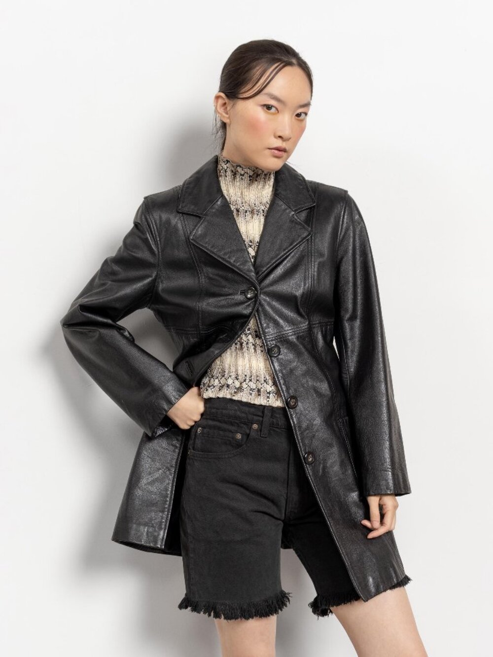 BLACK LEATHER TRENCH Midi Jacket Vintage Oversize Boxy Collared / Small Medium